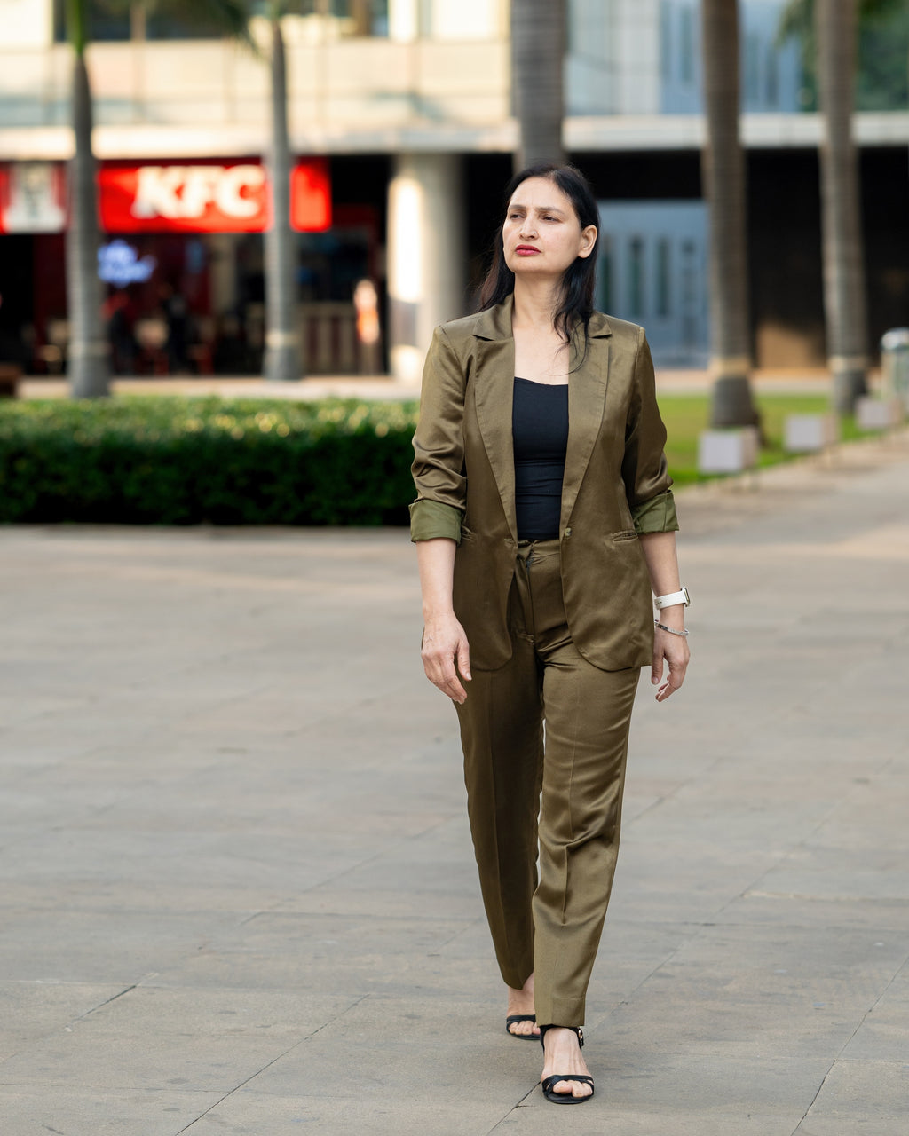 Olive Satin Tailored Suit