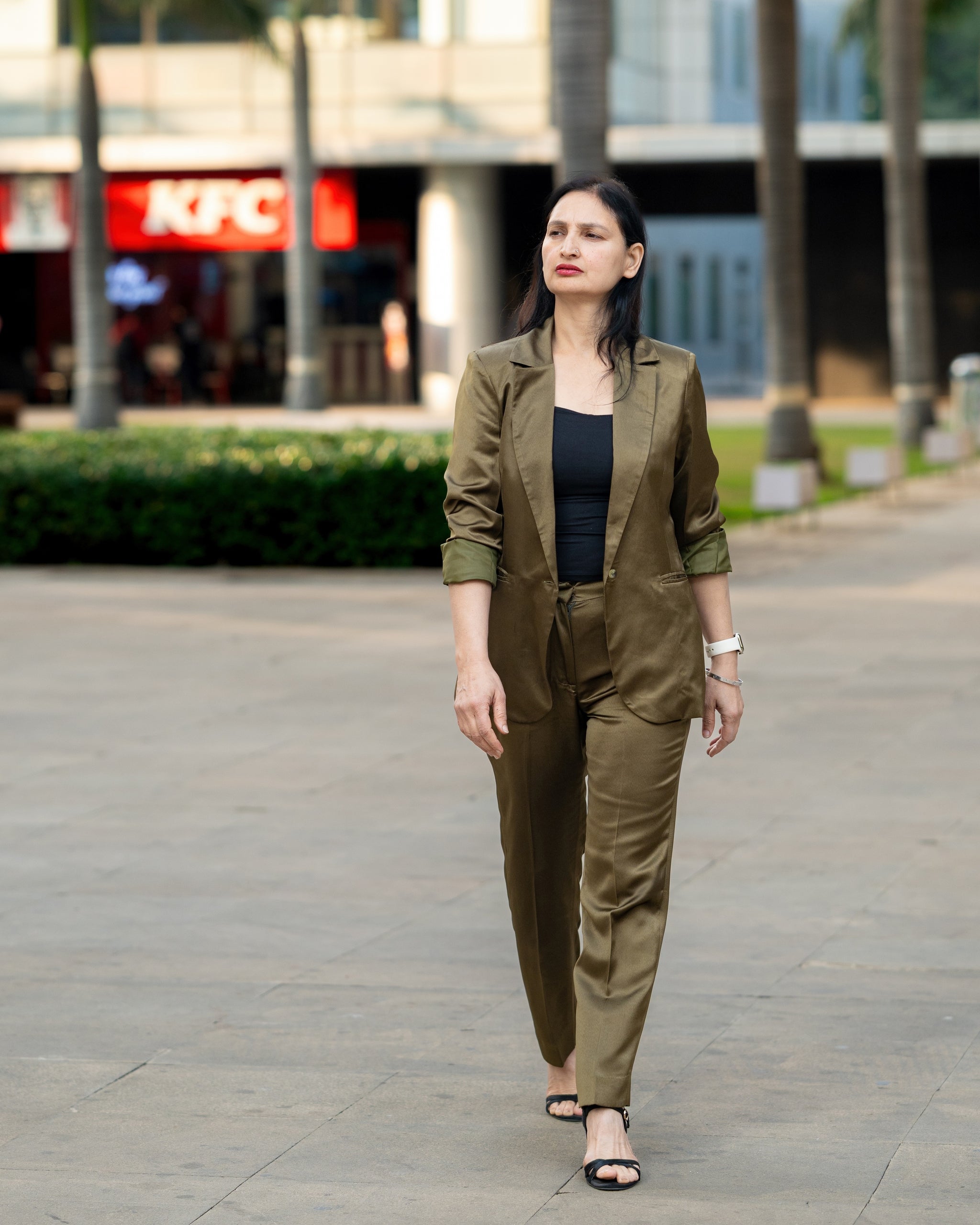Olive Satin Tailored Suit