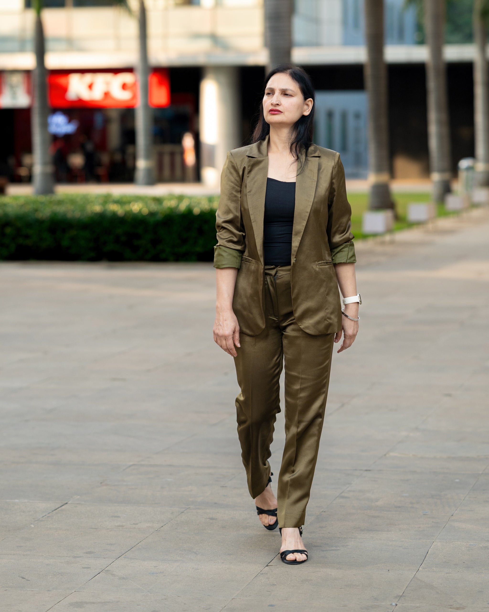 Olive Satin Tailored Suit